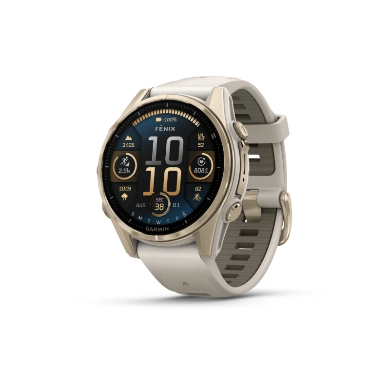Garmin Fenix 8 - 43 мм AMOLED | Sapphire | Soft Gold with Fog grey/dark sandstone silicone band